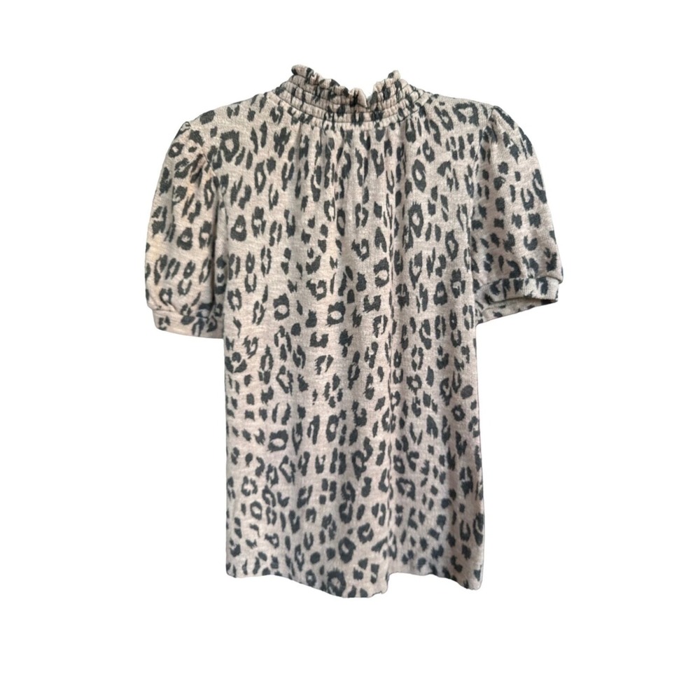 Monteau Los Angeles Leopard Print Puff Sleeve Smocked Mock Neck Top Tan Black M